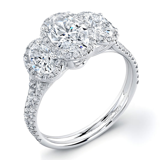 Three Stone Oval Halo Engagement Ring